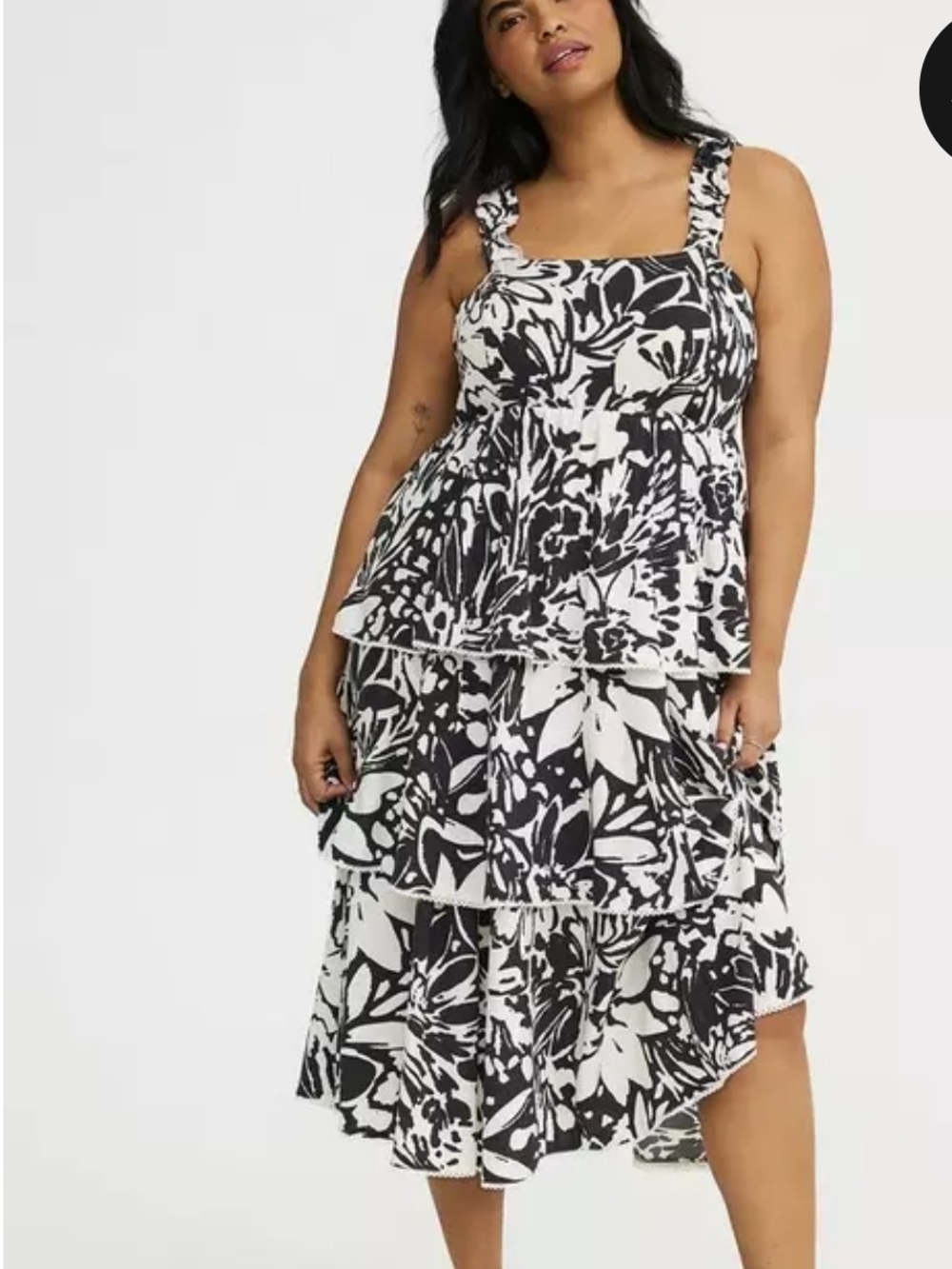 torrid Black and White Floral Tiered Midi Dress